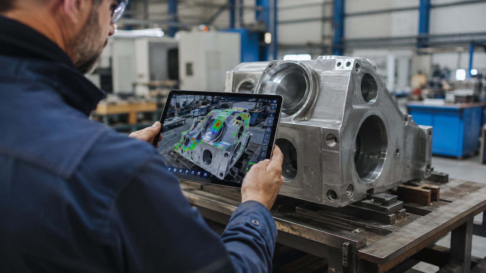 Operatore utilizza un tablet per il controllo qualità in realtà aumentata di un componente industriale