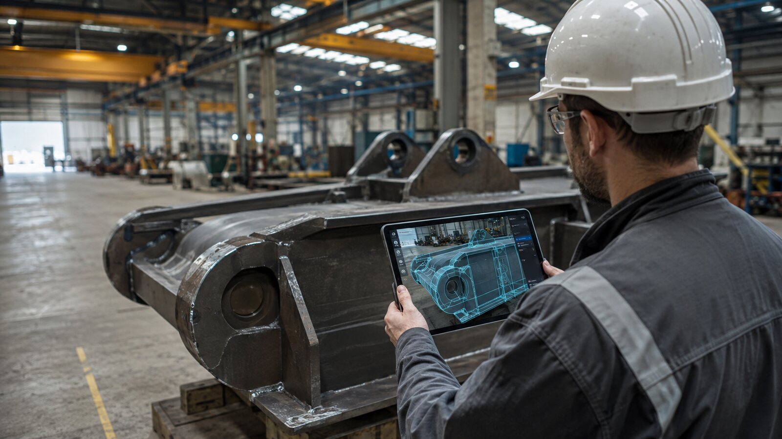 Operatore che esegue un’ispezione visiva della qualità con Twyn su tablet, davanti a un componente industriale di grandi dimensioni